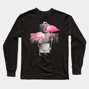 Flamingo Collage in Watercolor and Ink Long Sleeve T-Shirt